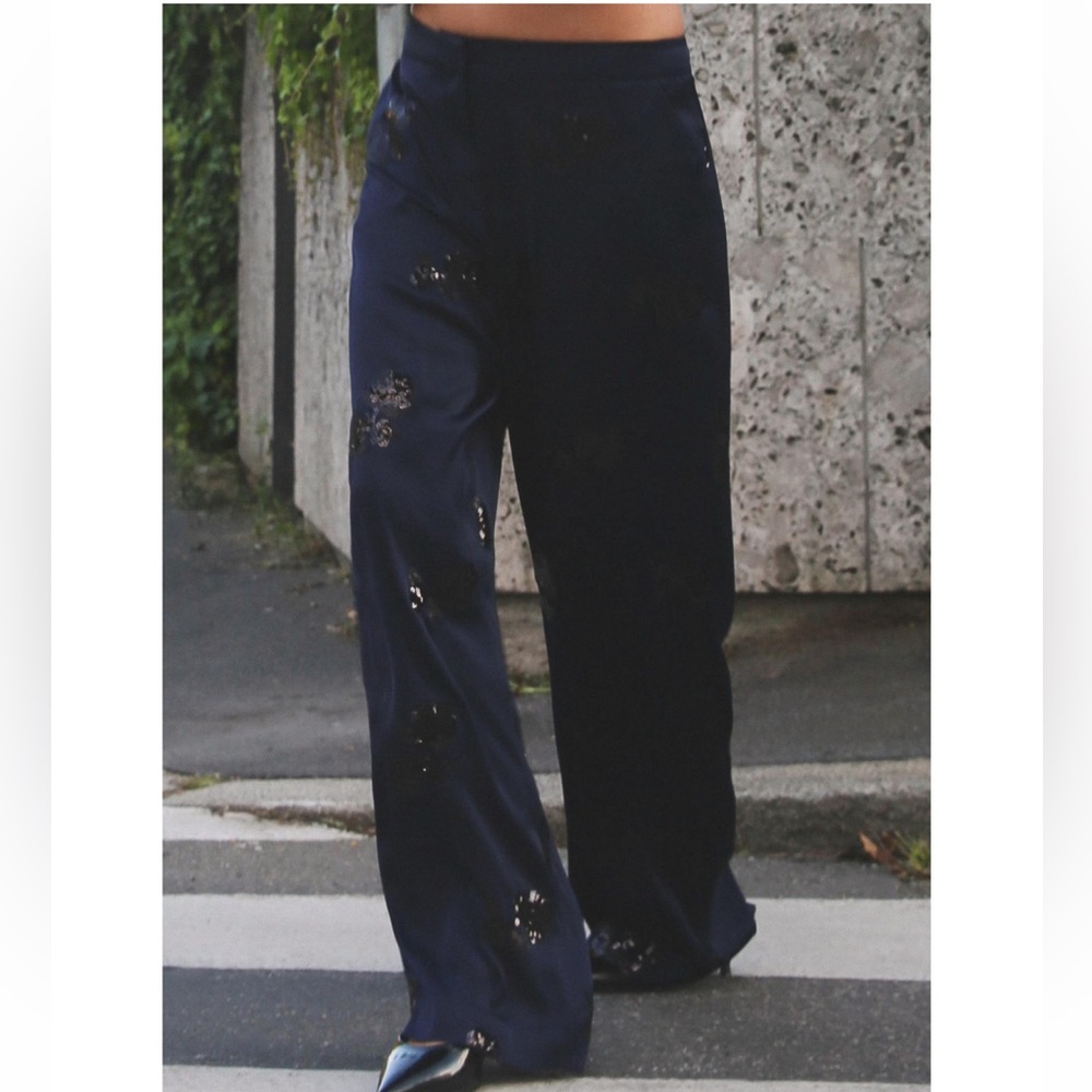 Zara Navy Wide-Leg Embellished Pants